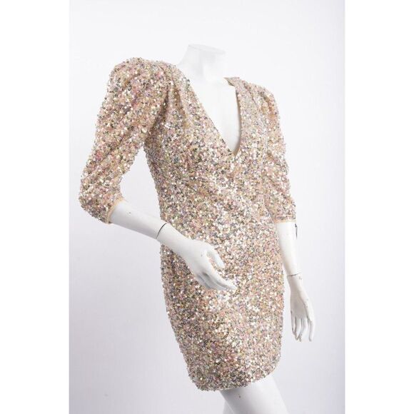 IEENA for MacDuggal Womans Sequined Dress Mini Puff Sleeve Sz 6 Beige Multi NWT - Picture 3 of 7
